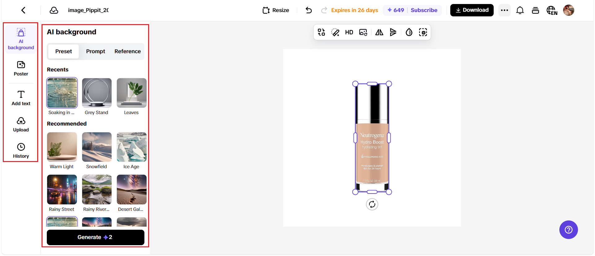 Creating product image in Pippit