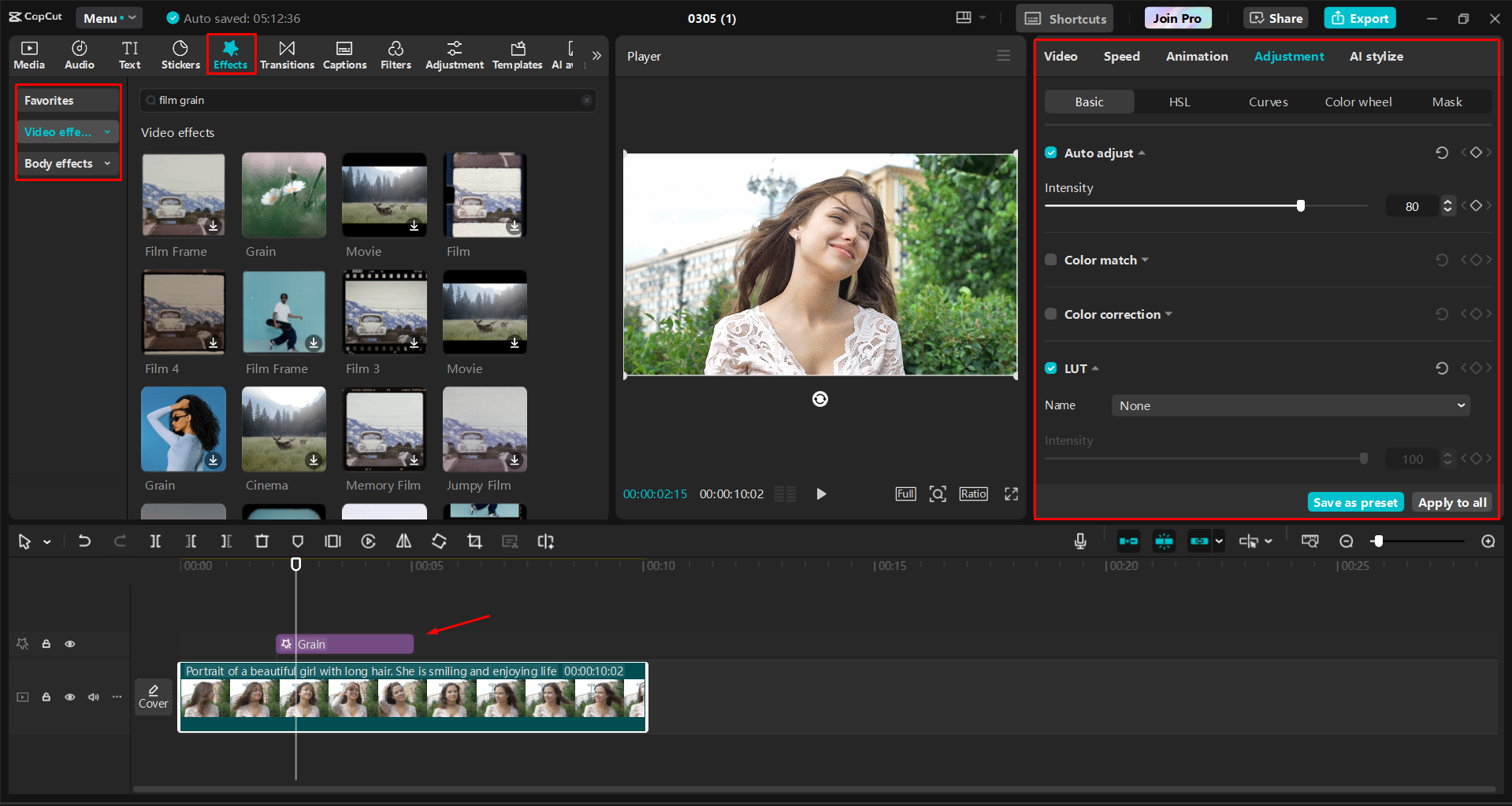 Adding the film grain effect to videos in the CapCut desktop video editor