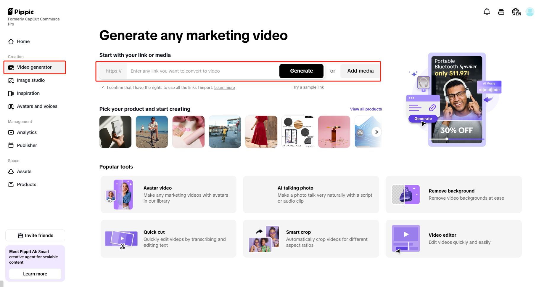Accessing video generator in Pippit