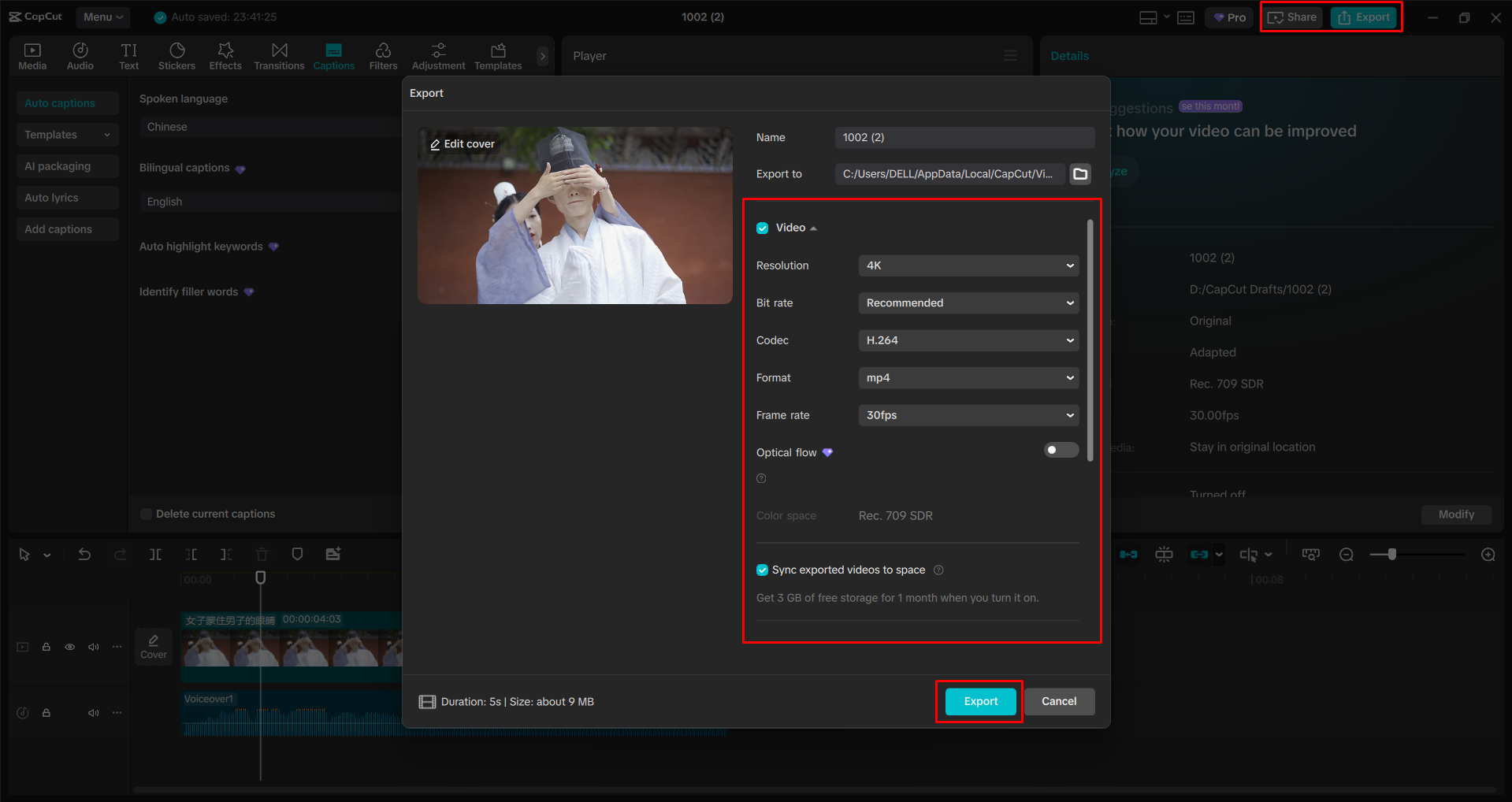 Exporting a video from the CapCut deksto video editor