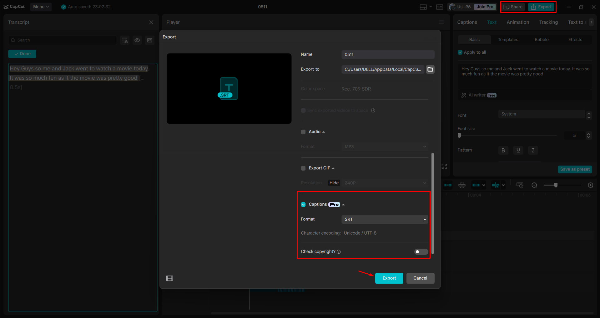 Exporting a video from the CapCut desktop video editor