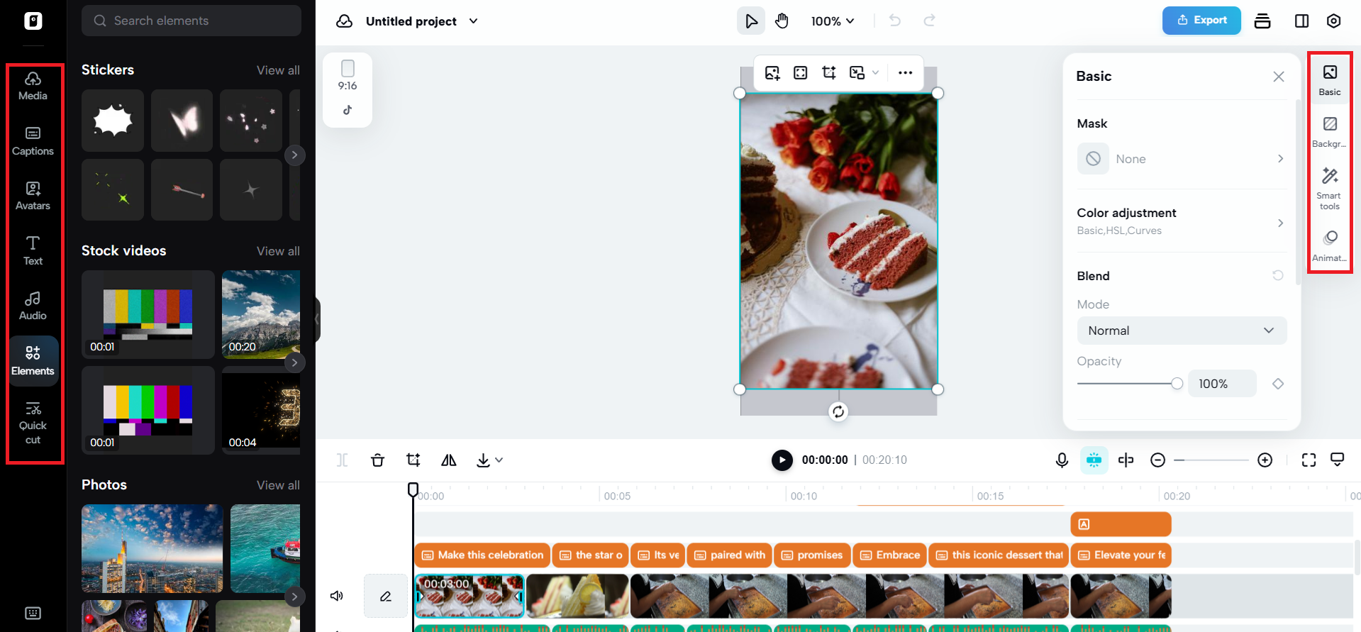 Editing options on either side of canvas