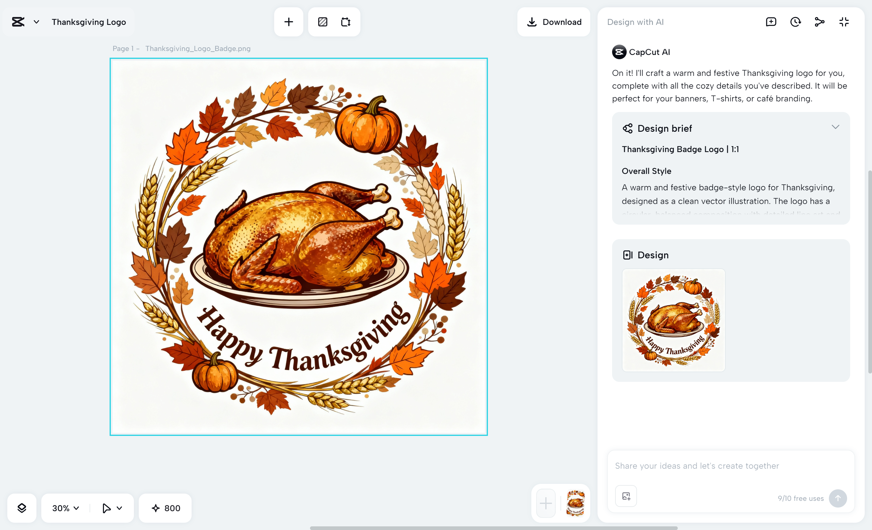 Creating the happy Thanksgiving logo in the CapCut desktop video editor