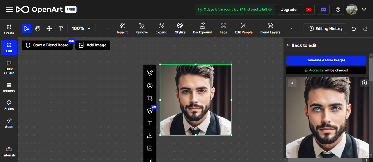 Göz rengini değiştirmek için OpenArt çevrimiçi editörünün nasıl kullanılacağını gösteriliyor