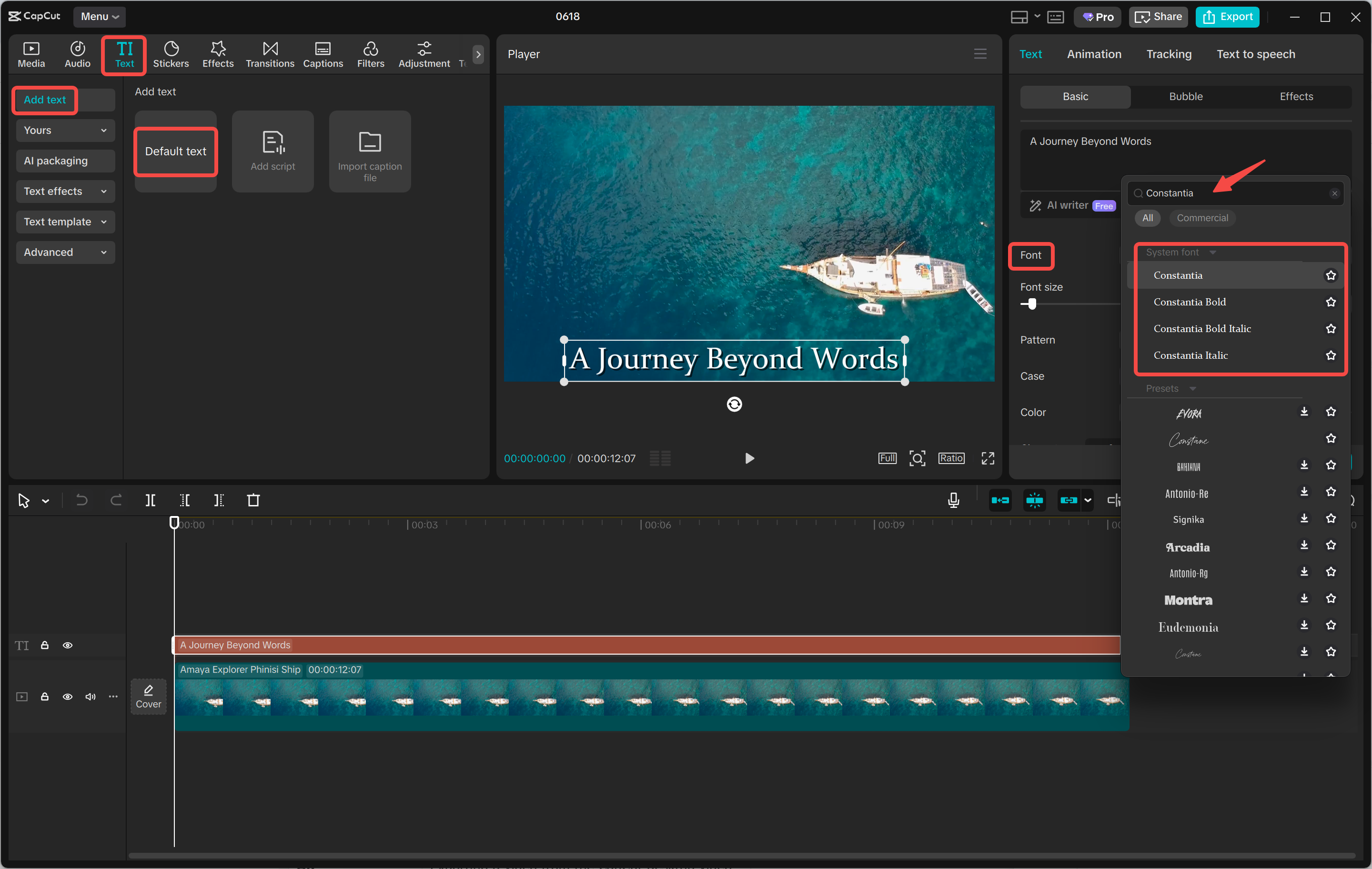 Adding Constatia font to a video with the CapCut desktop video editor