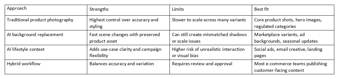 Table comparing product photography, AI background replacement, AI lifestyle context, and hybrid workflow.