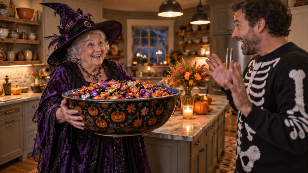 A fictional elderly woman in a purple witch costume presenting a comically large candy bowl to an adult in a skeleton sweater, cozy kitchen
