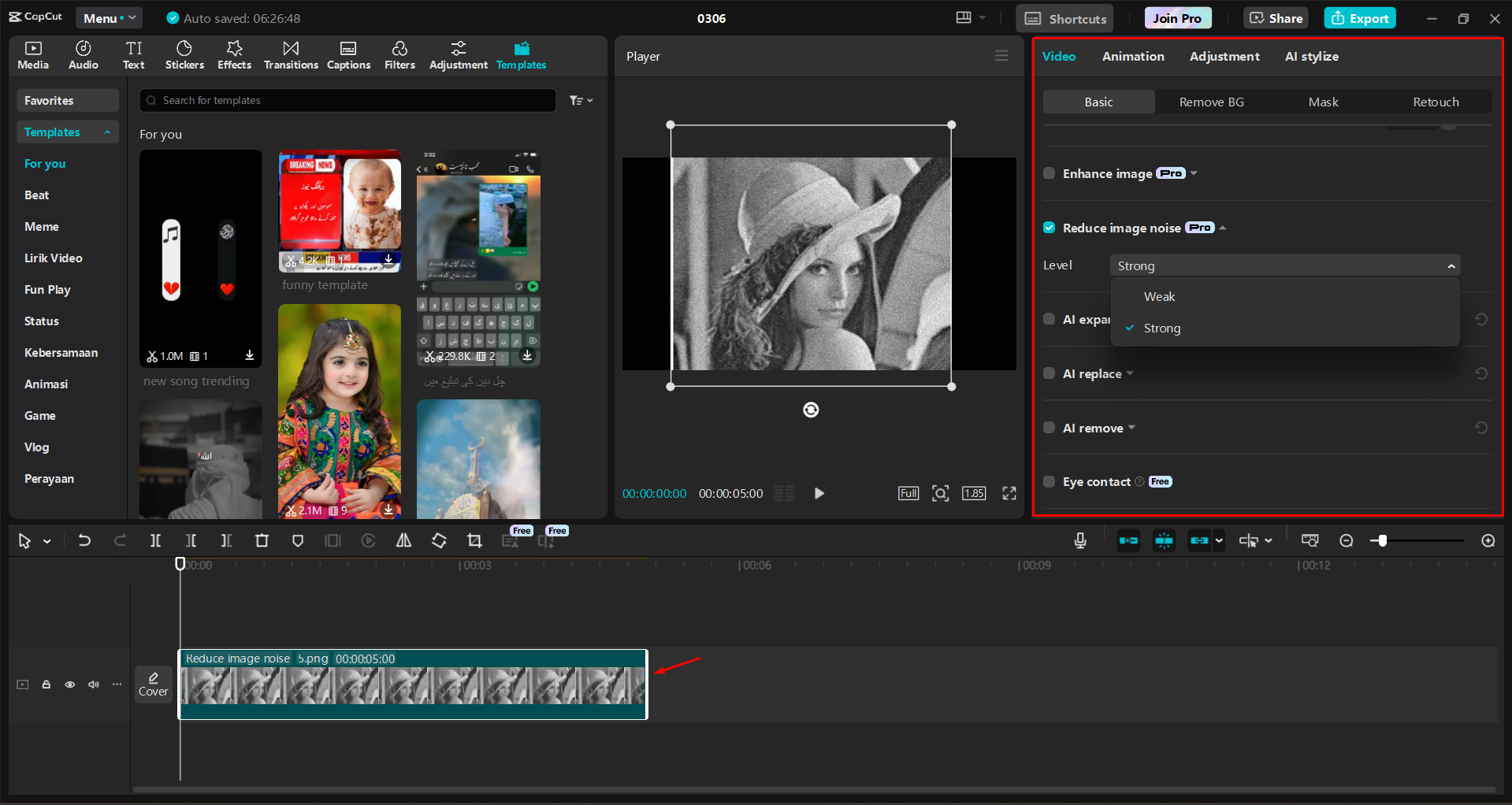 Entfernen von Körnern aus einem Foto im CapCut Desktop-Video-Editor