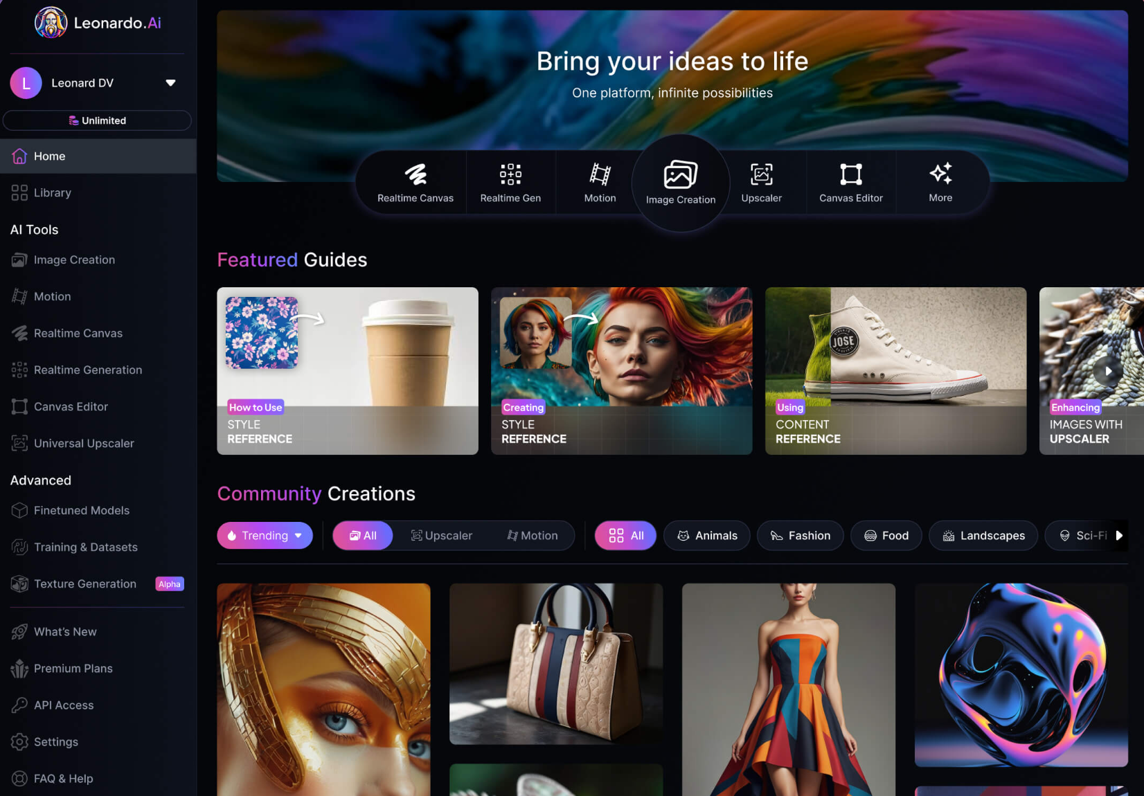 Interface van Leonardo - een online generatieve AI-afbeeldingengenerator.