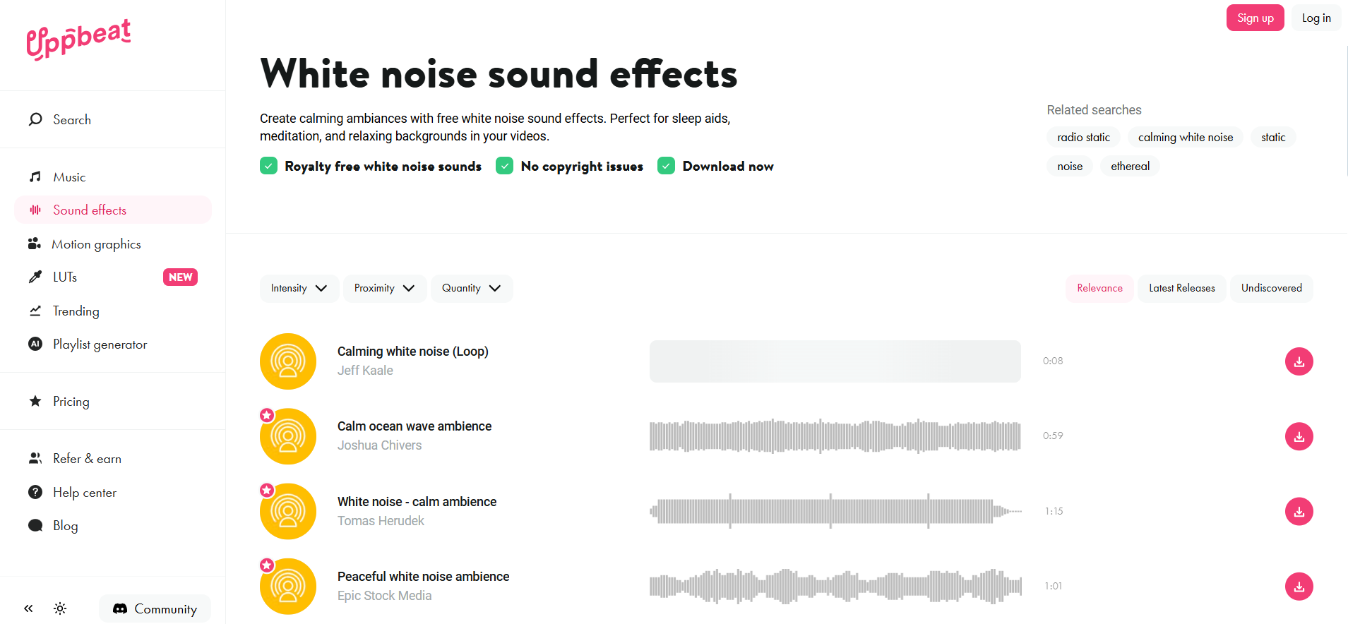 Uppbeat offers both free and premium white noise MP3 sounds