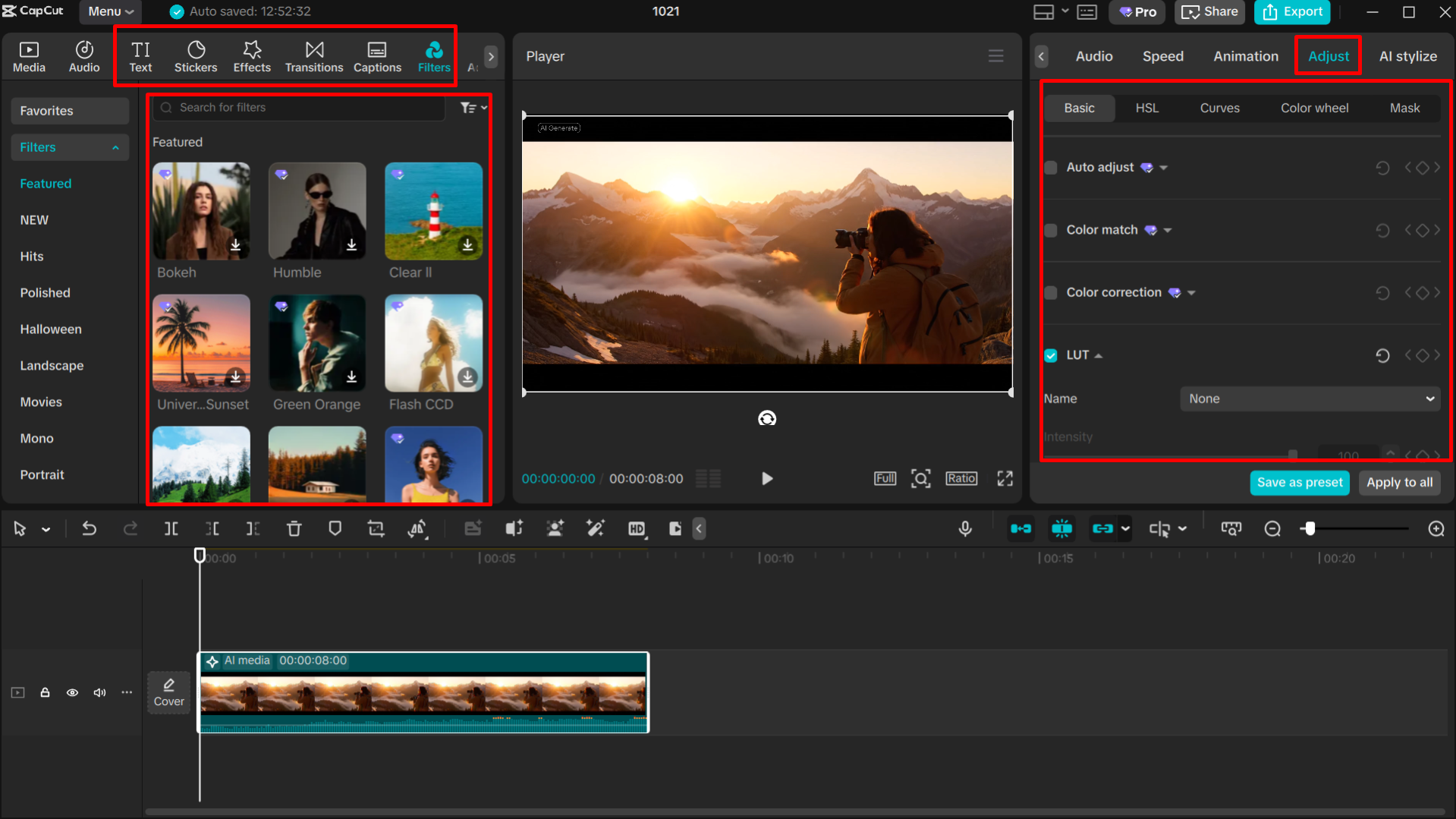 Adjusting video using AI tools in CapCut
