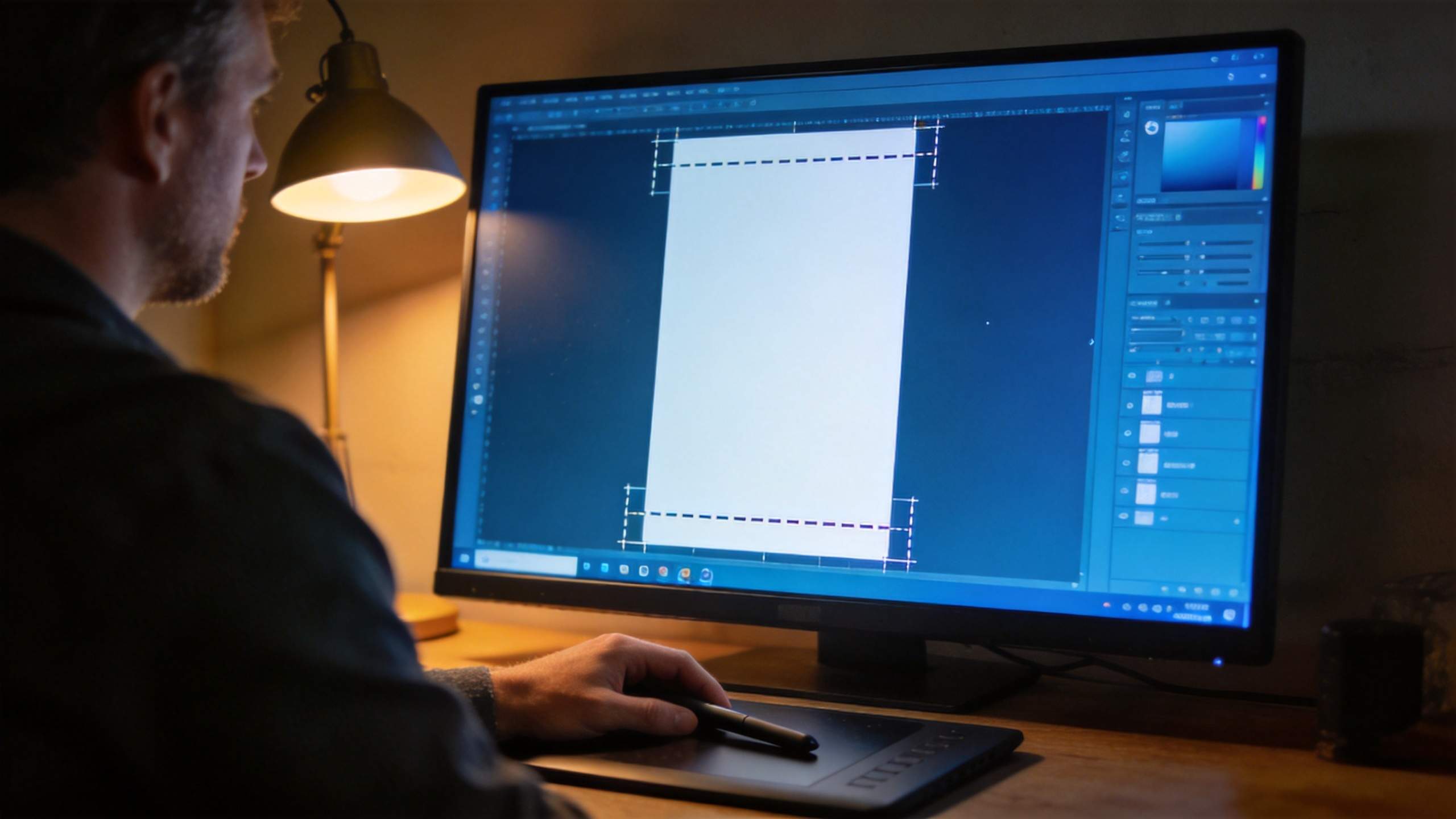 Person editing a vertical canvas on a desktop design screen