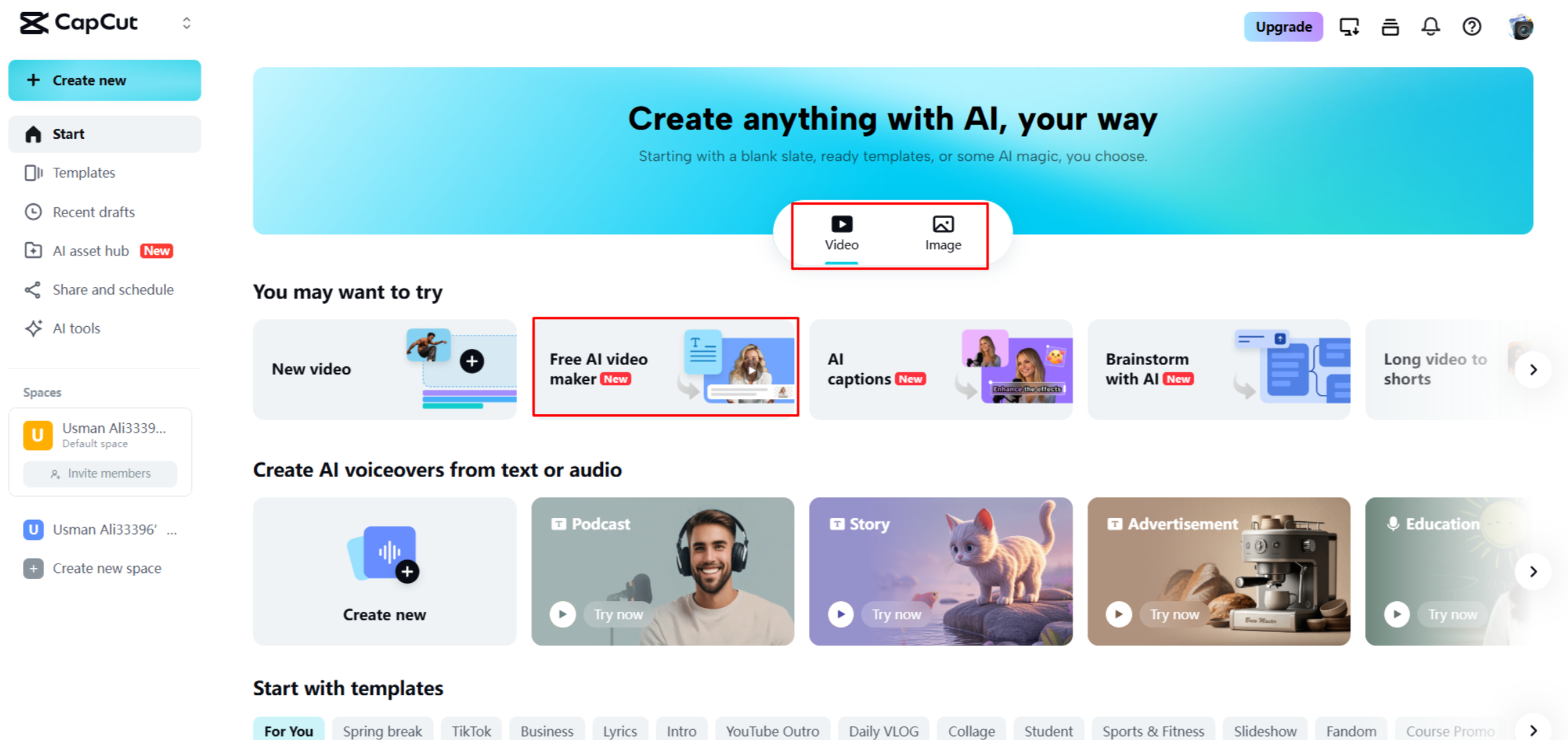 Opening an AI video maker in CapCut Web