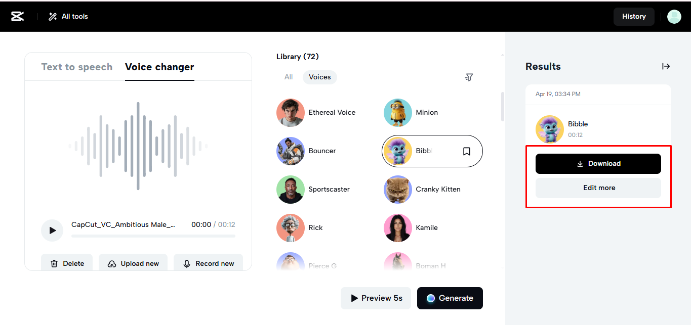 Scaricamento dell'audio dopo aver applicato il filtro vocale in CapCut Web