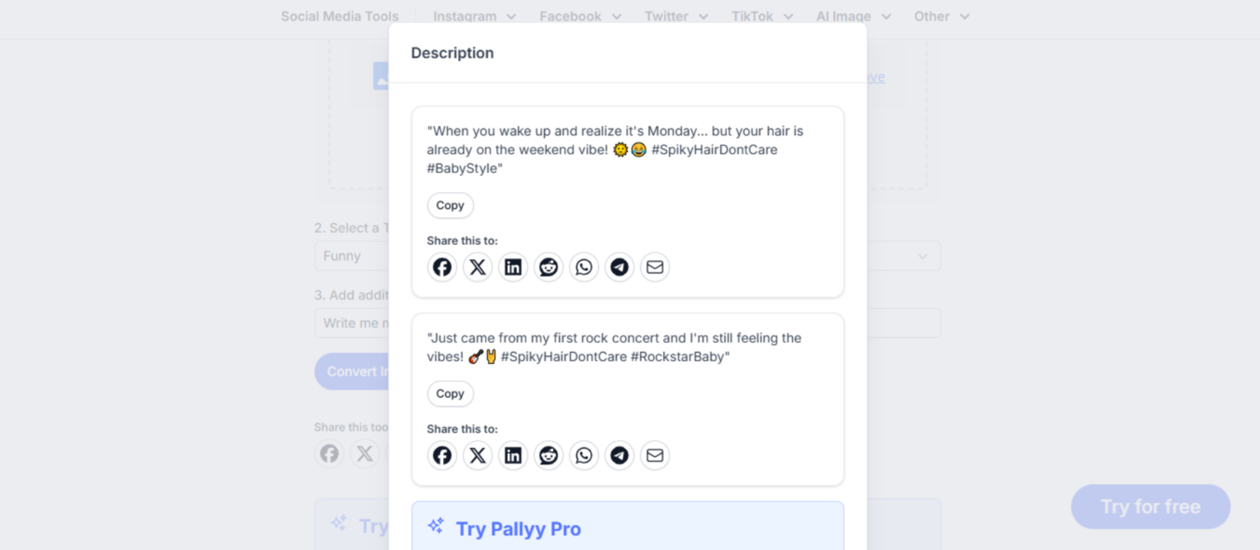 Interface von Pallyy - ein zuverlässiger KI-Generator für Fotounterschriften