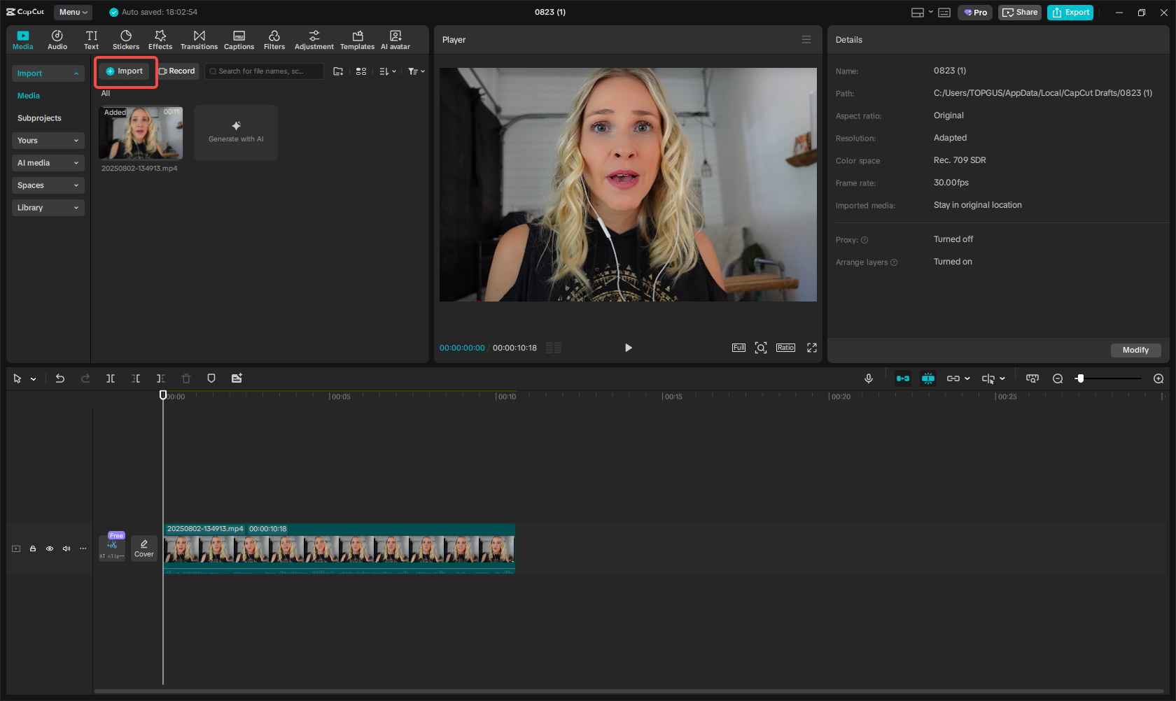 Import the video to CapCut