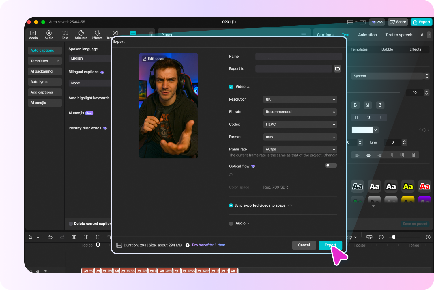 Mengekspor video terakhir dari generator avatar AI CapCut