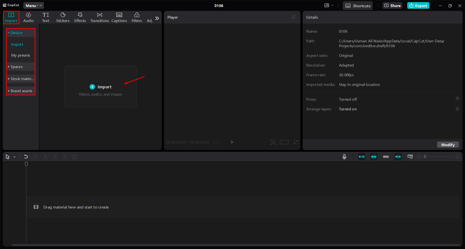 Caricare un video nell' CapCut editor video desktop