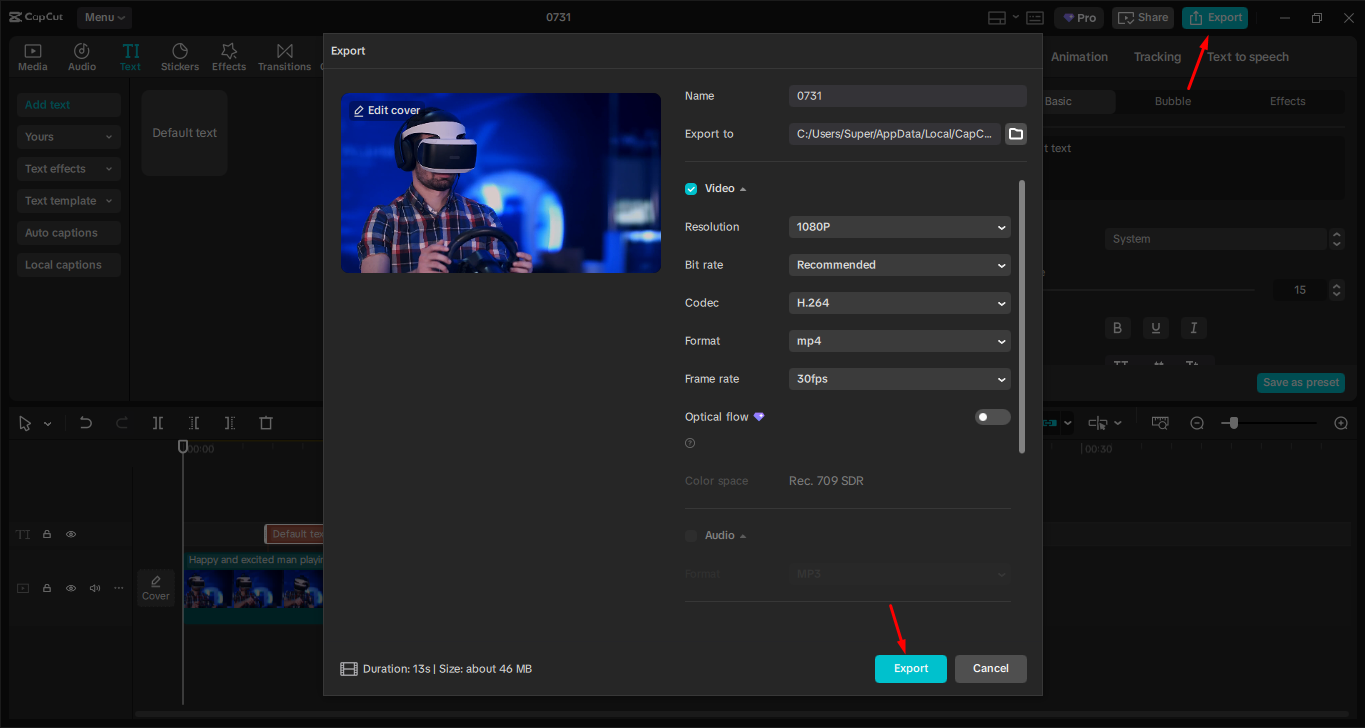 Exporting video from the CapCut desktop video editor
