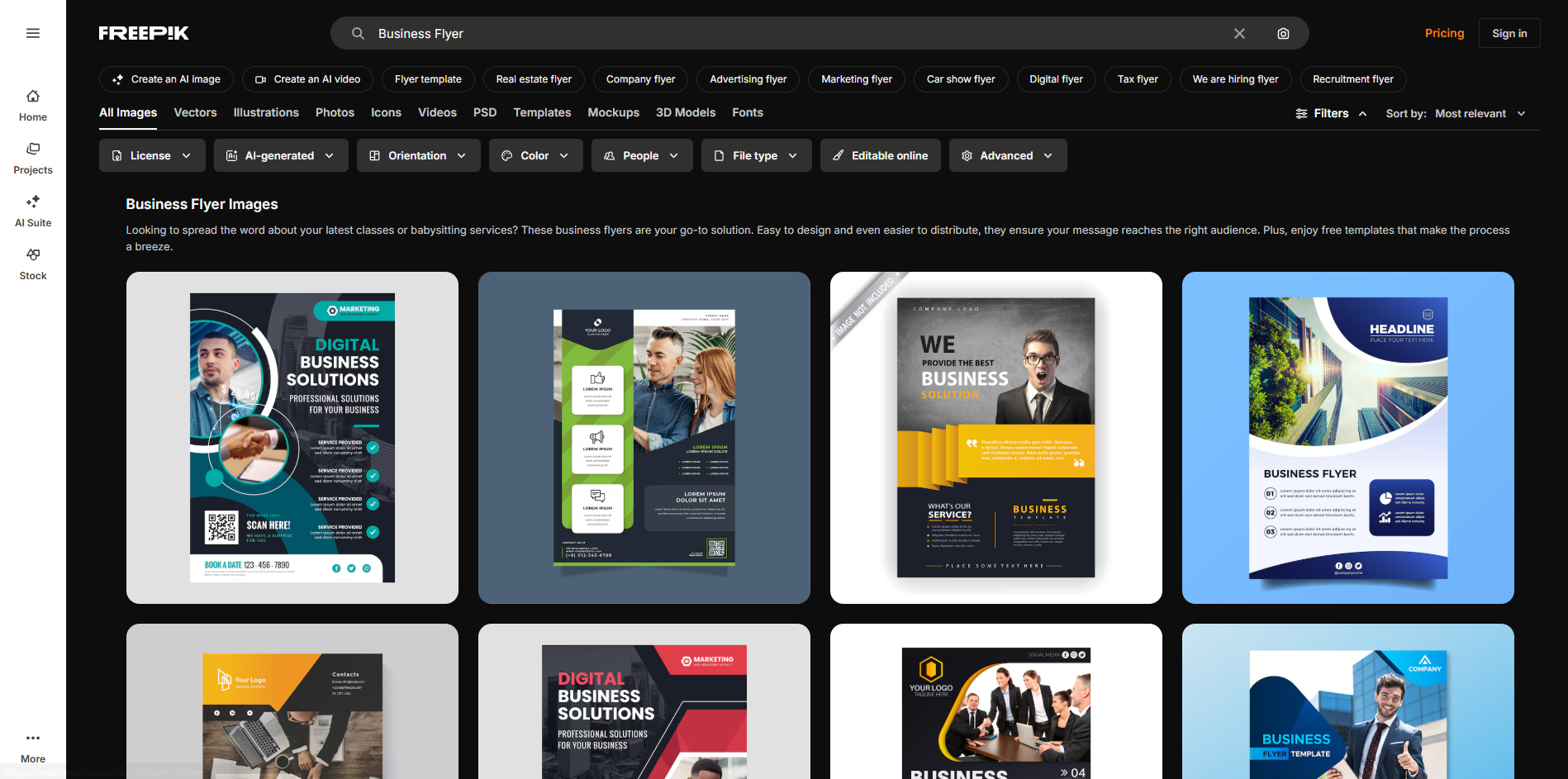 Oberfläche von Freepik – eine gute Ressource für kostenlose Vorlagen für Business-Flyer.