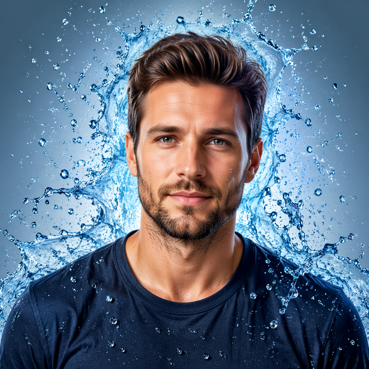 Dreamina IA splash water efeito retrato prompt exemplo 3: Blue Motion Droplet Scene