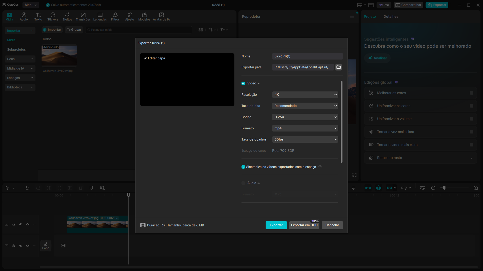 Tela de exportação em alta resolução no CapCut Desktop