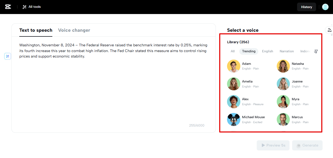 Biblioteca de voz na ferramenta de conversão de texto em fala do CapCut Web