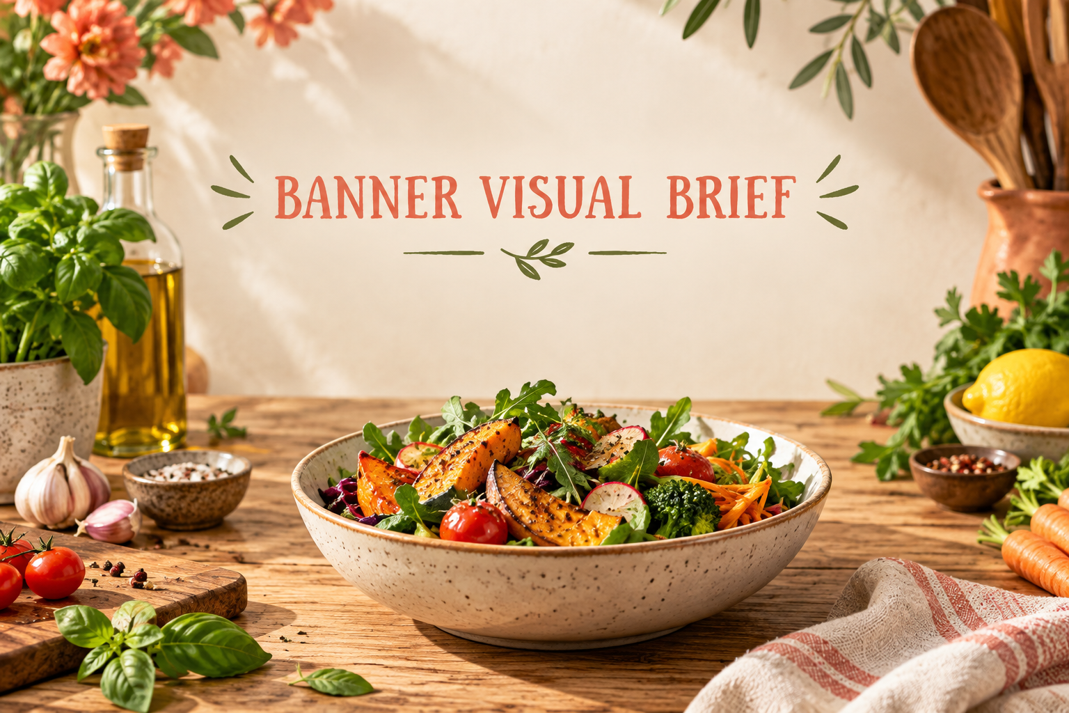 Illustrated cooking channel banner with a central bowl and clear title space