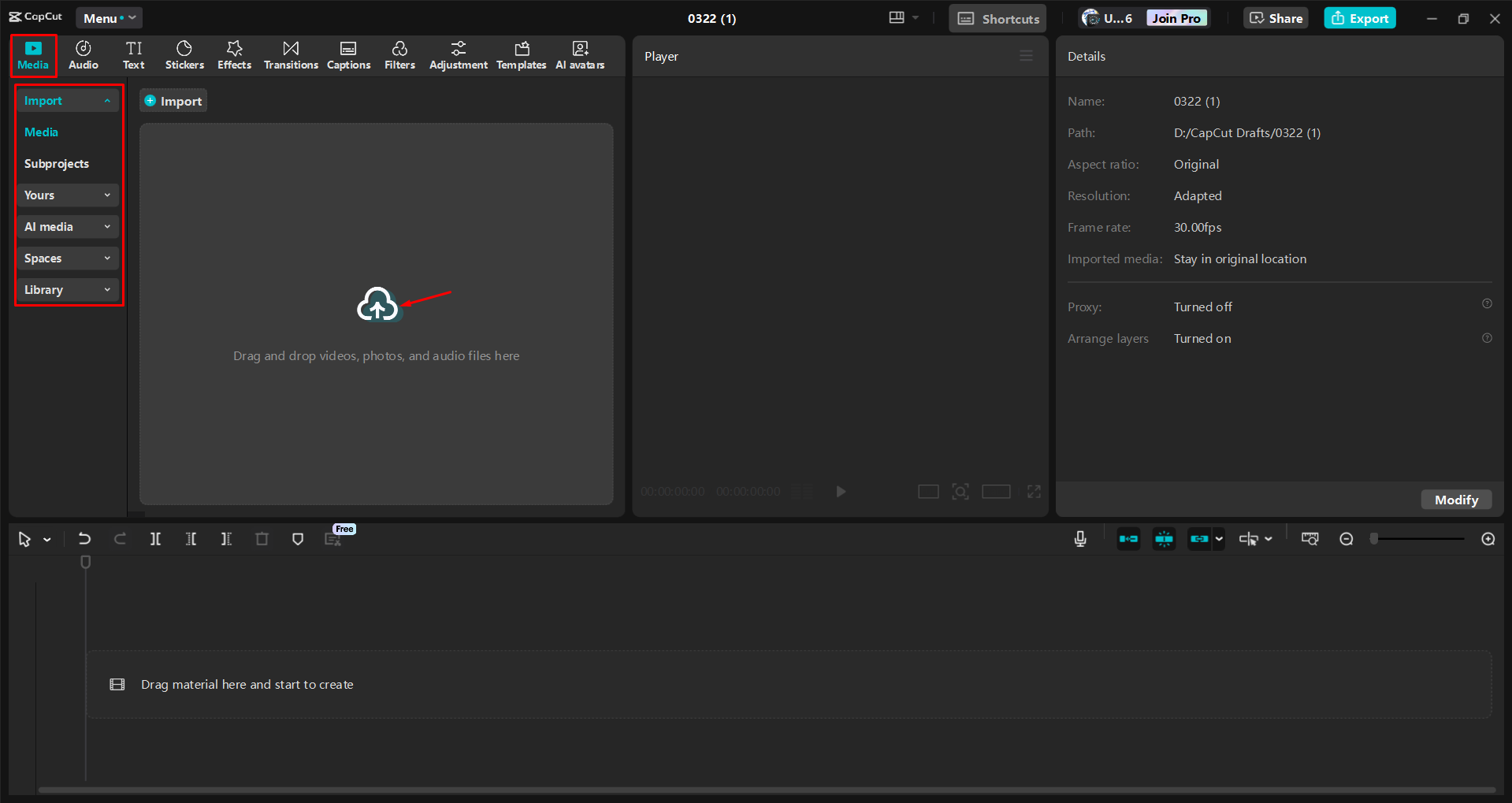 Importieren eines Videos in den CapCut Desktop-Video-Editor
