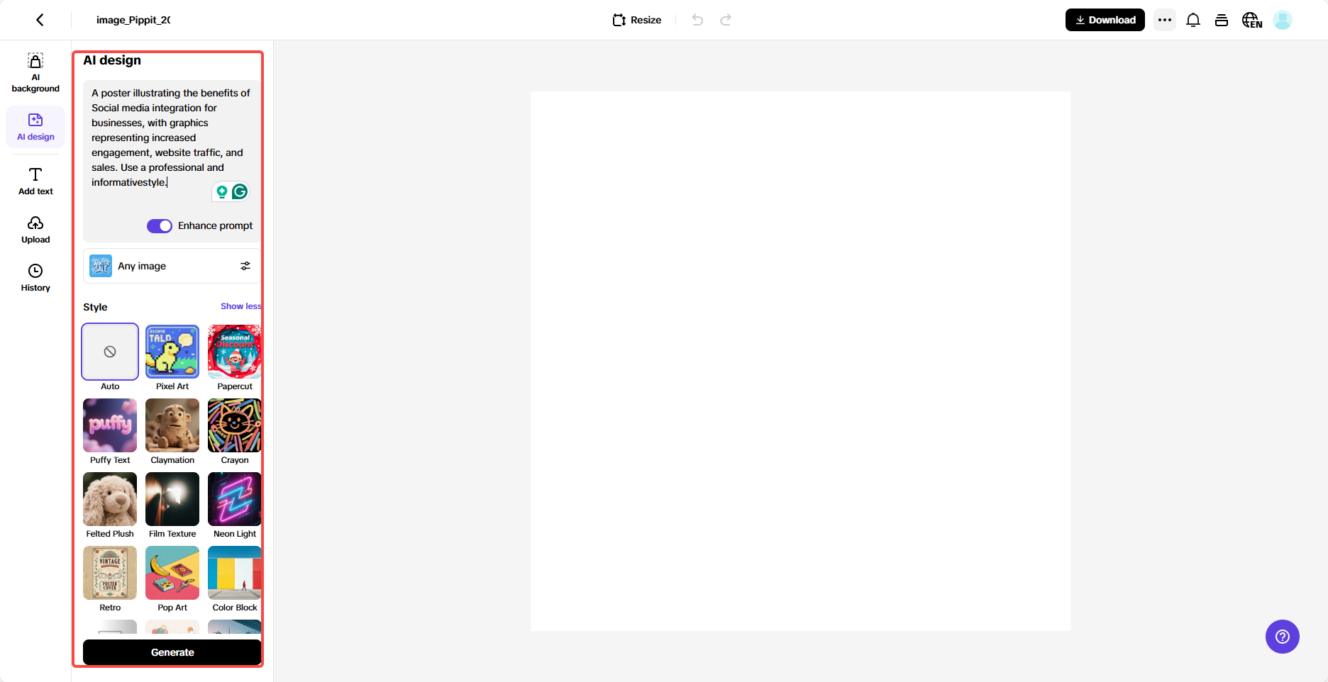 Insira prompts e gere