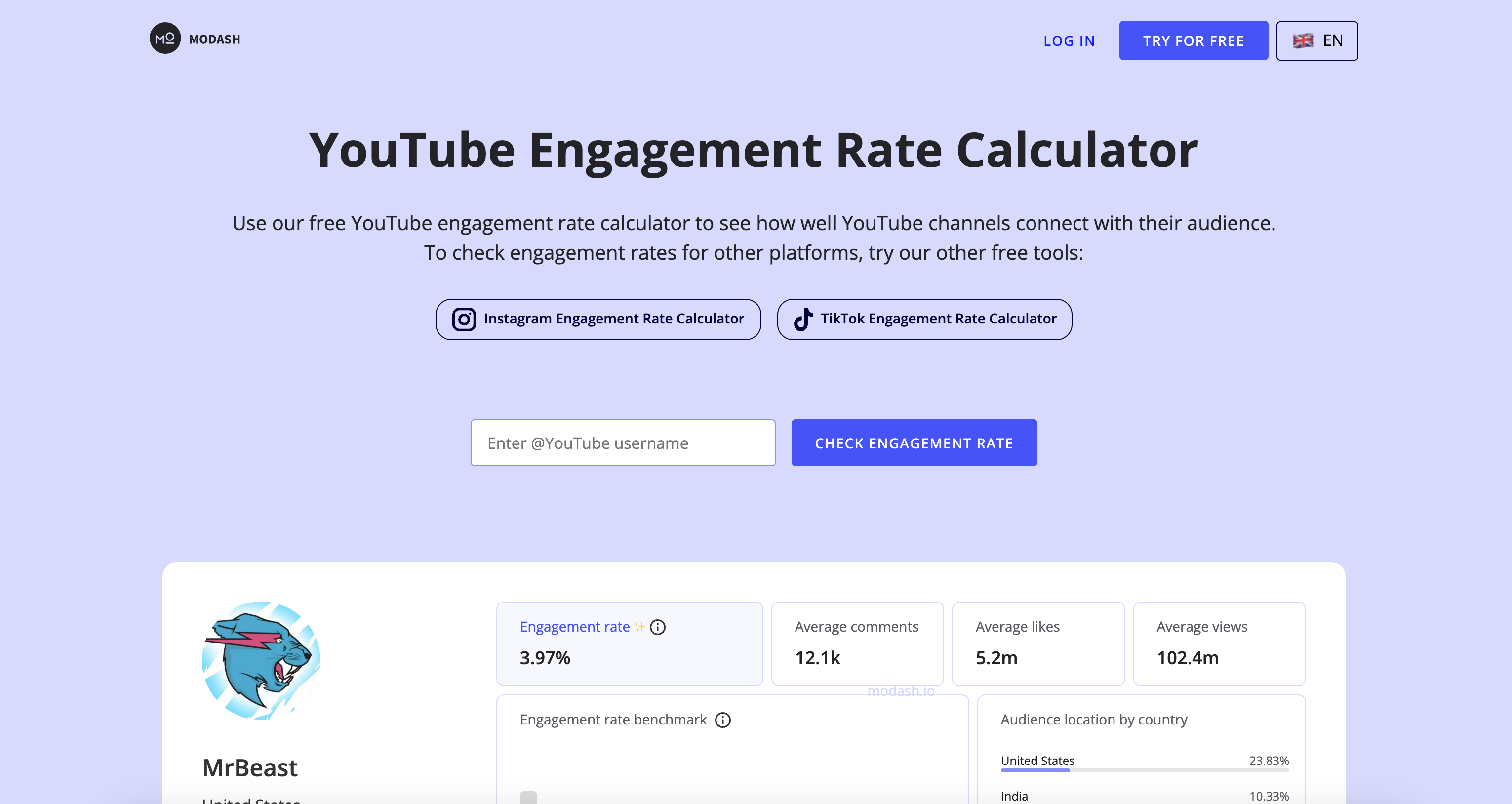 Modash YouTube interaction rate calculator
