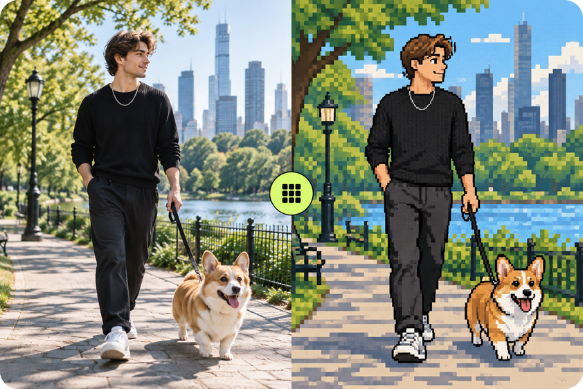 Pixel-art benefit turning a relaxed pet portrait into a retro character scene