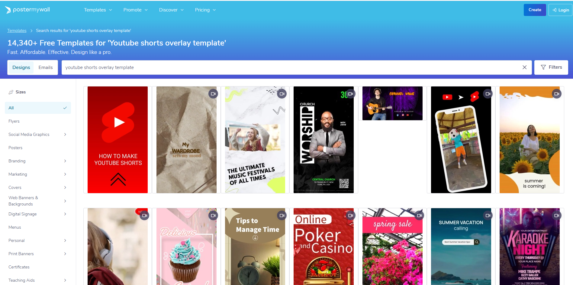 Interface of PosterMyWall - the best site for YouTube Short overlays
