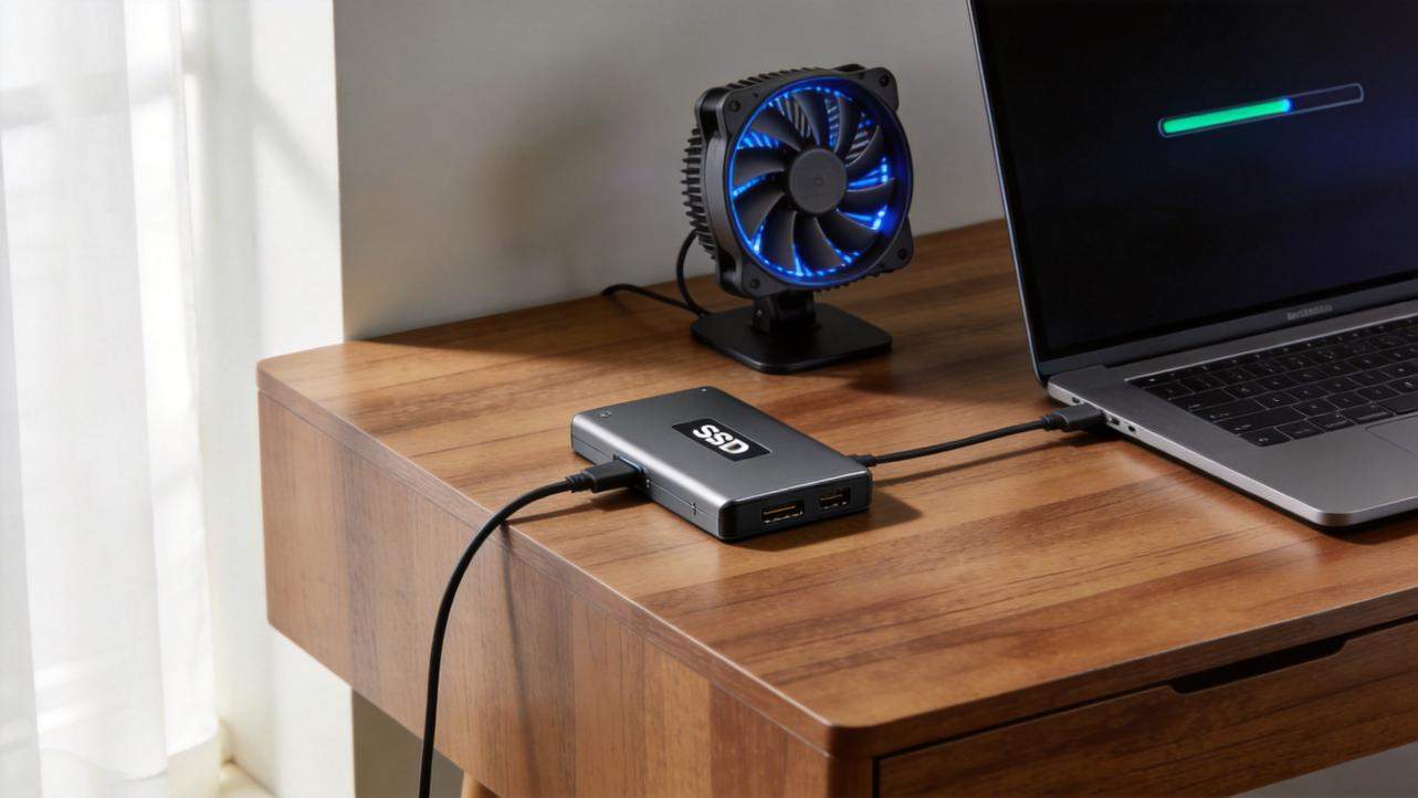 Laptop connected to an SSD and cooling fan on a wooden desk
