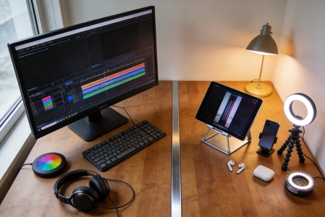 Desktop and mobile video editing setup on a split desk with monitor, tablet, smartphone, and accessories