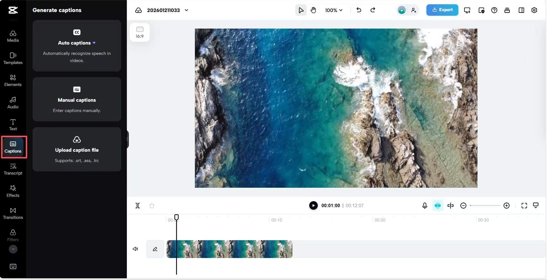 Tap "captions" at the left toolbar on CapCut Web