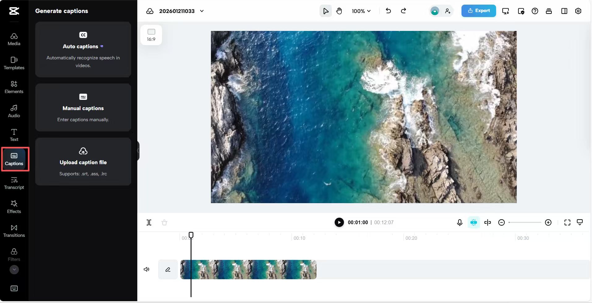 Tap "captions" at the left toolbar on CapCut Web