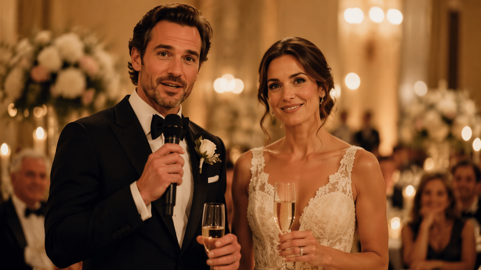 Talking wedding toast visual with warm reception lighting