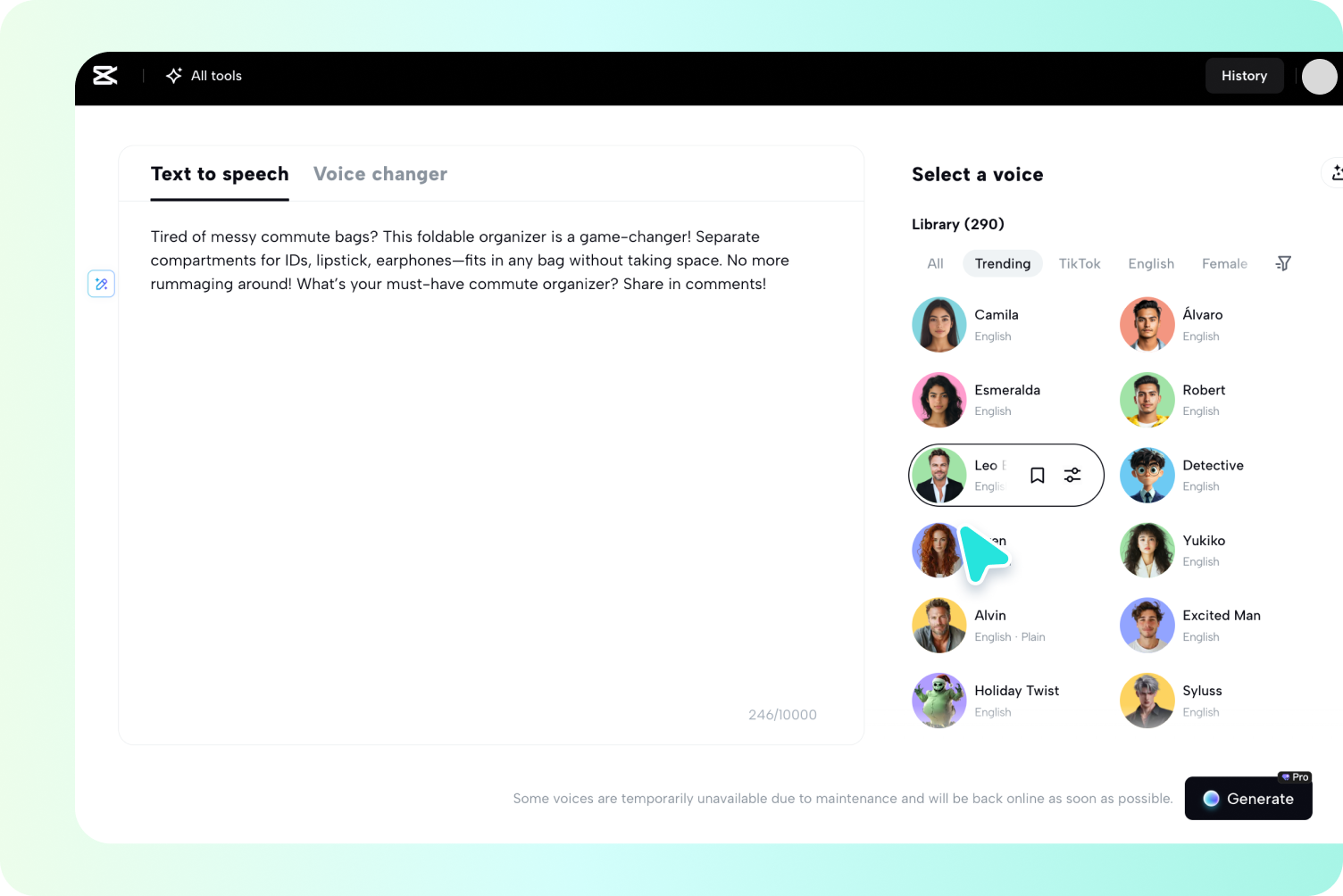 converting text to speech in the CapCut online video editor