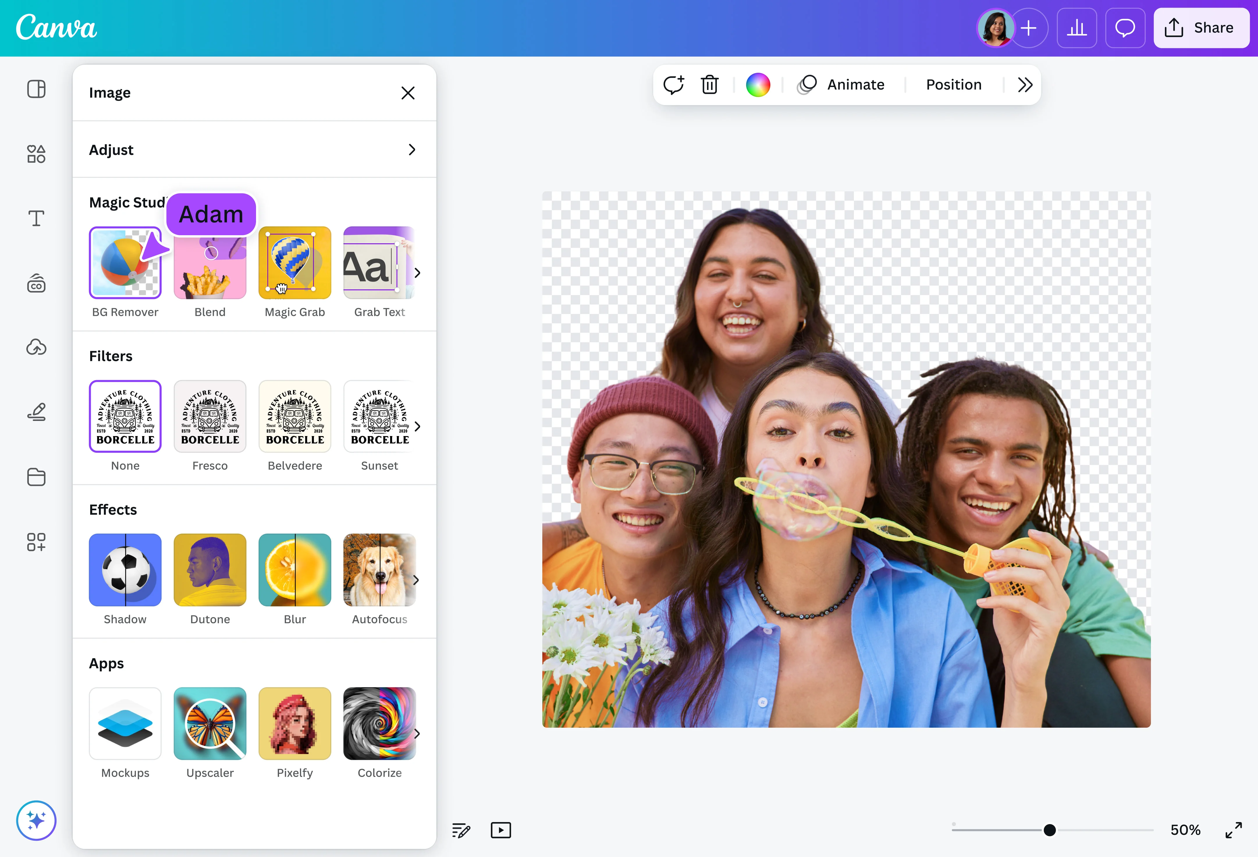 Canva video editing interface with background remover tool highlighted