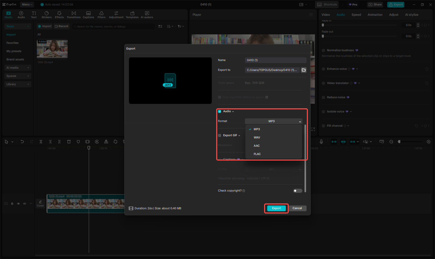 Export audio