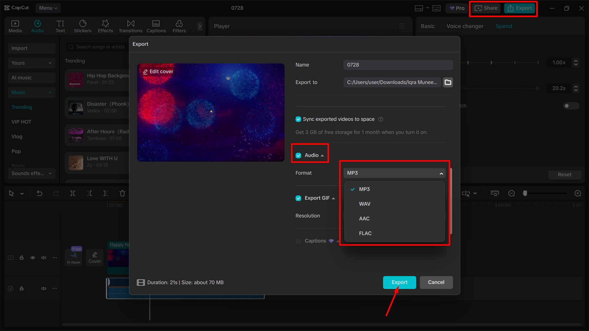Exporting the project to the CapCut desktop video editor