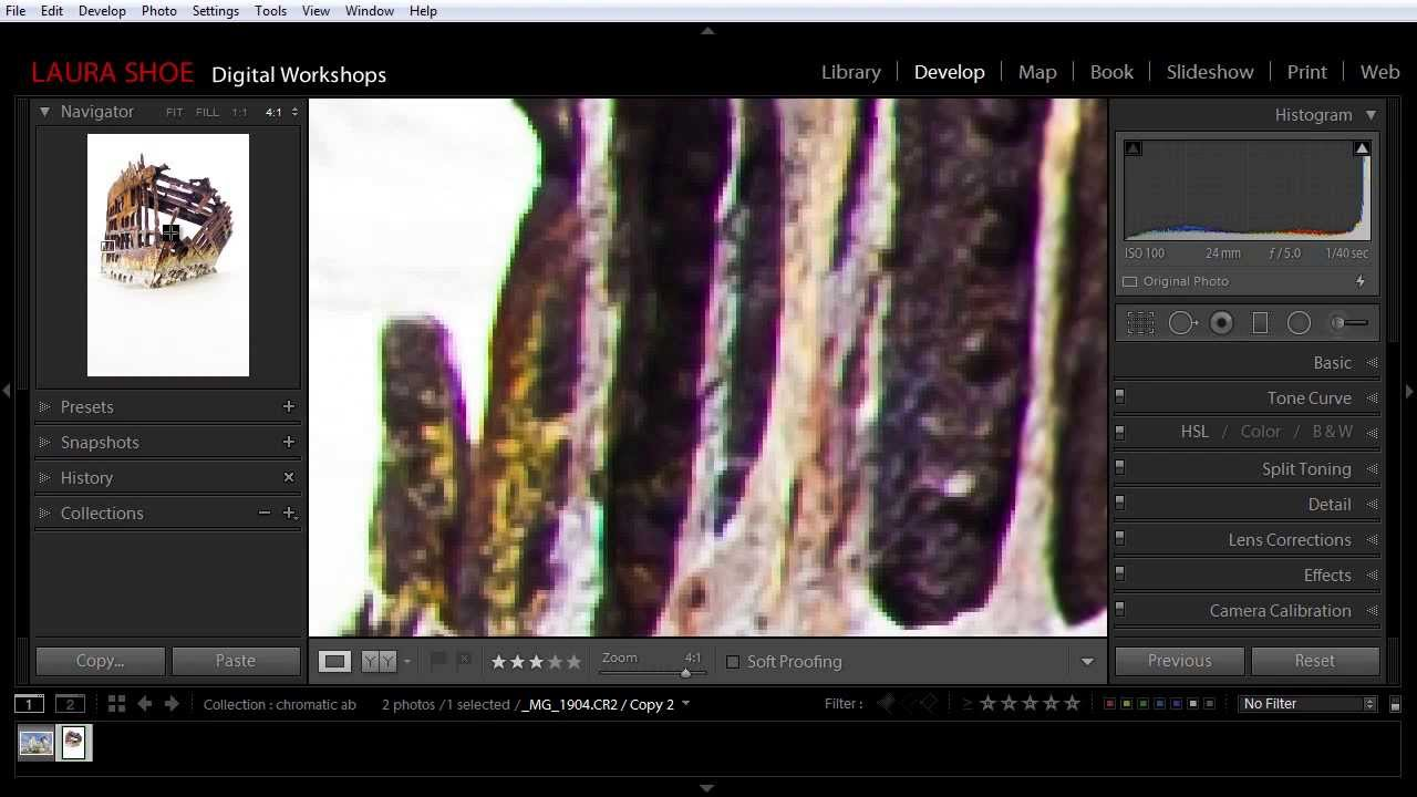 Chromatic aberration with color fringing corrected using Photoshop tools