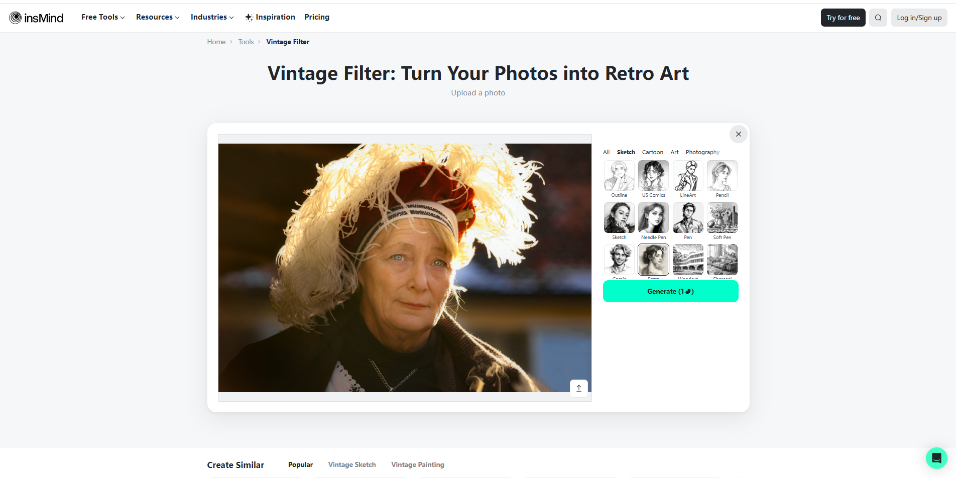Interface of insMind - a diverse online vintage photo editor