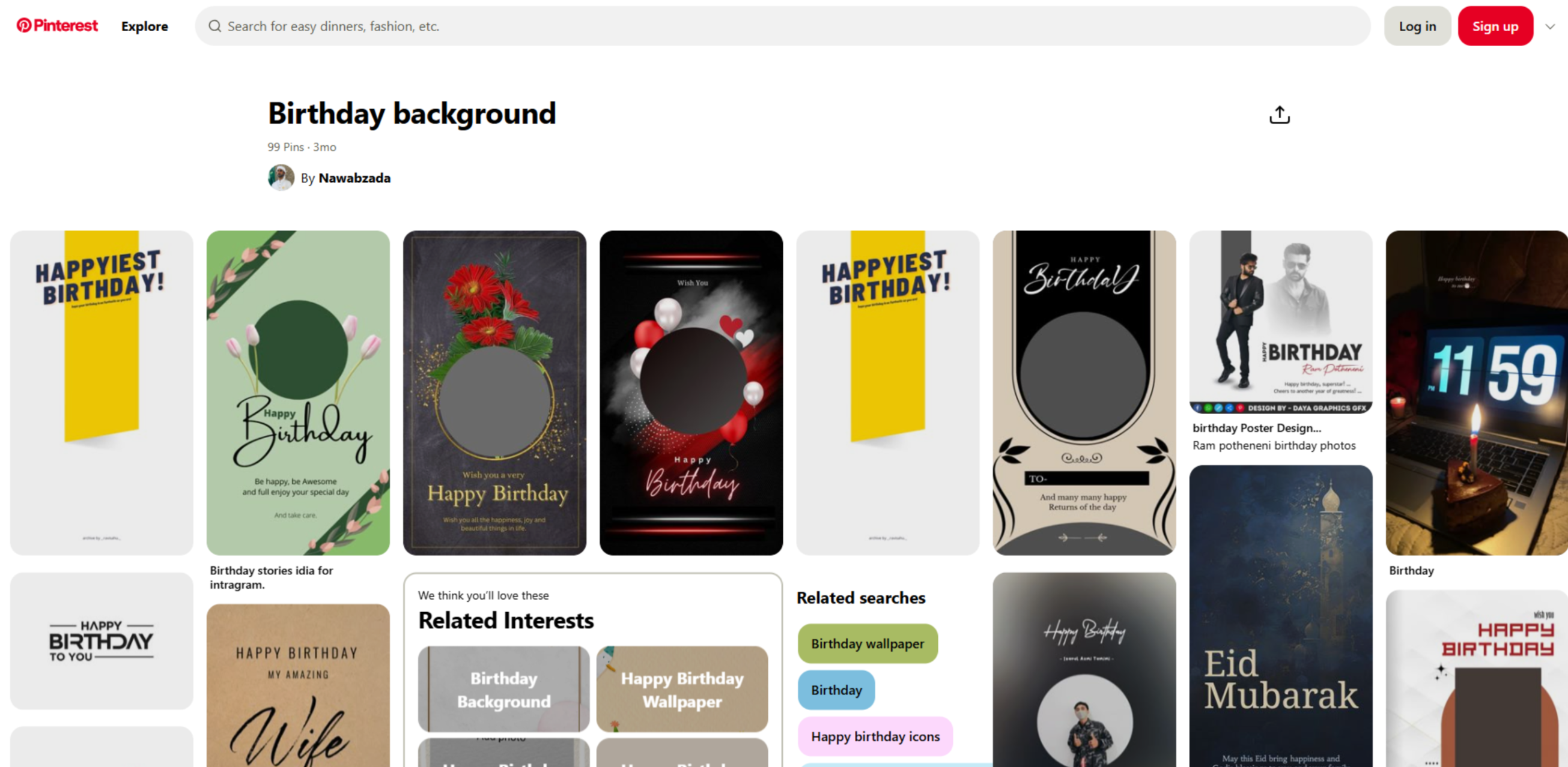 Interface of Pinterest - a versatile site for birthday background ideas