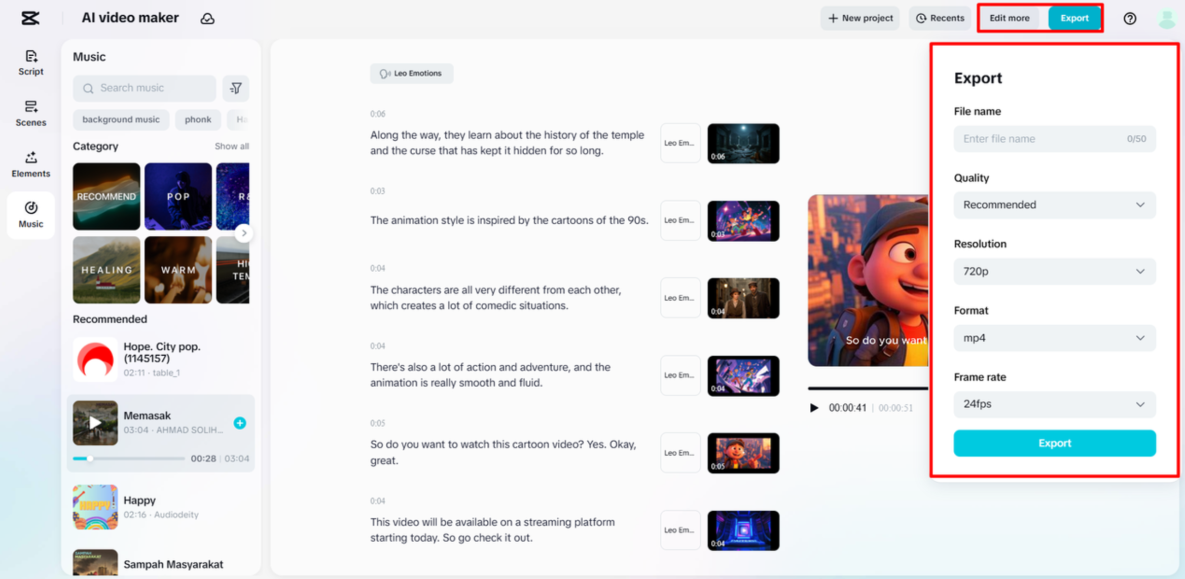 Exporting the final video from CapCut's AI video maker