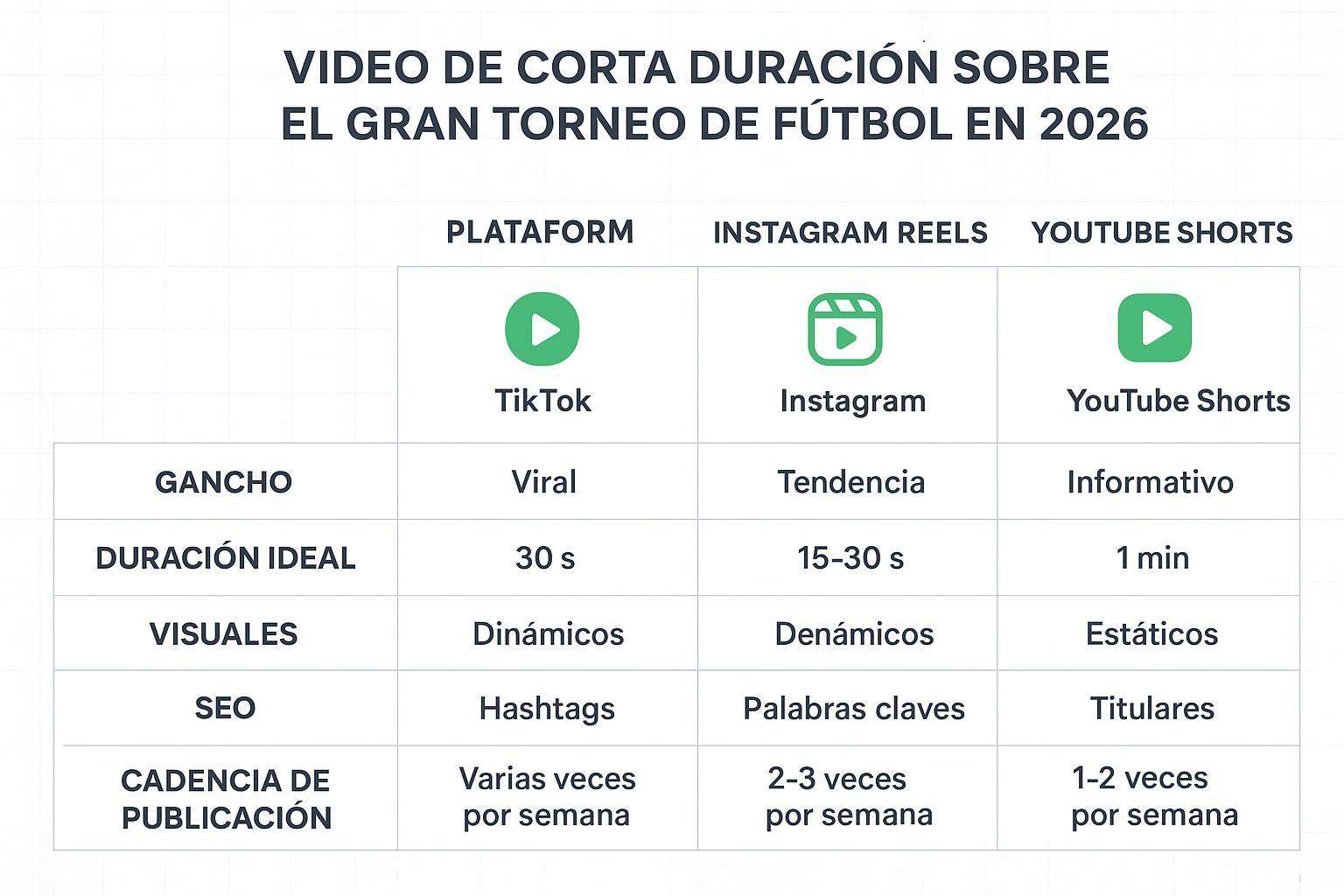Infografía: matriz comparativa TikTok vs Reels vs Shorts con gancho, duración ideal, visuales, señales de SEO y cadencia de publicación