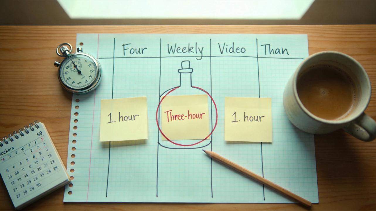 Paper planner with sticky notes labeled 1 hour, three-hour, and 1 hour beside a stopwatch and coffee cup