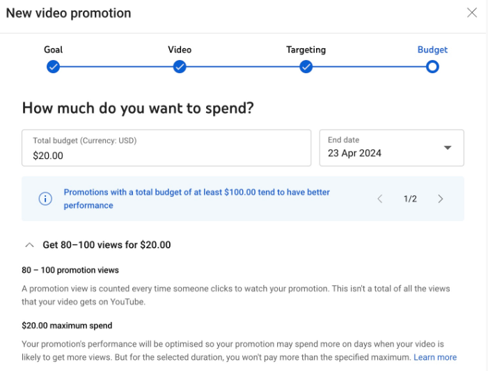 Setting up a budget for YouTube ads for subscribers