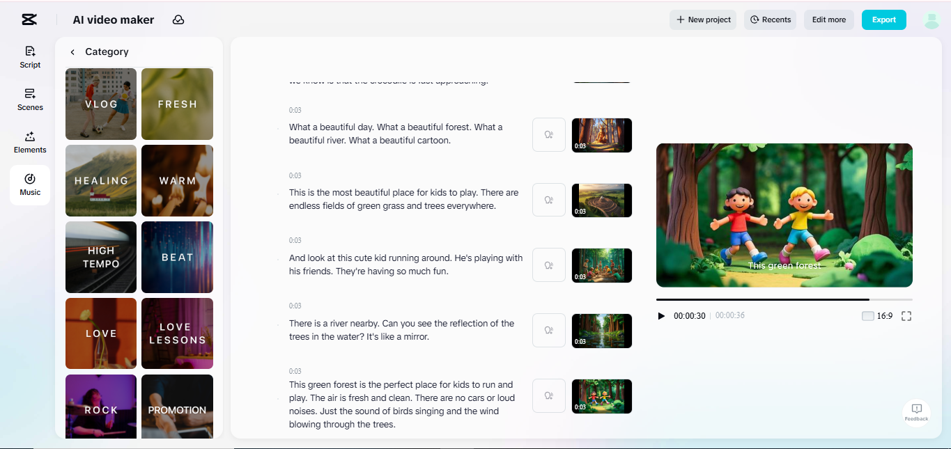The interface of the CapCut online video editor featuring its AI video maker tool
